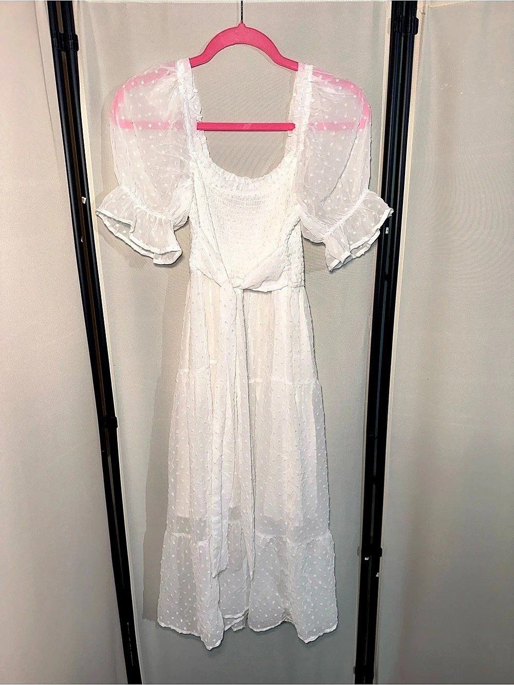 MEROKEETY Women's Summer Square Neck Puff Sleeve Boho Midi Dress White